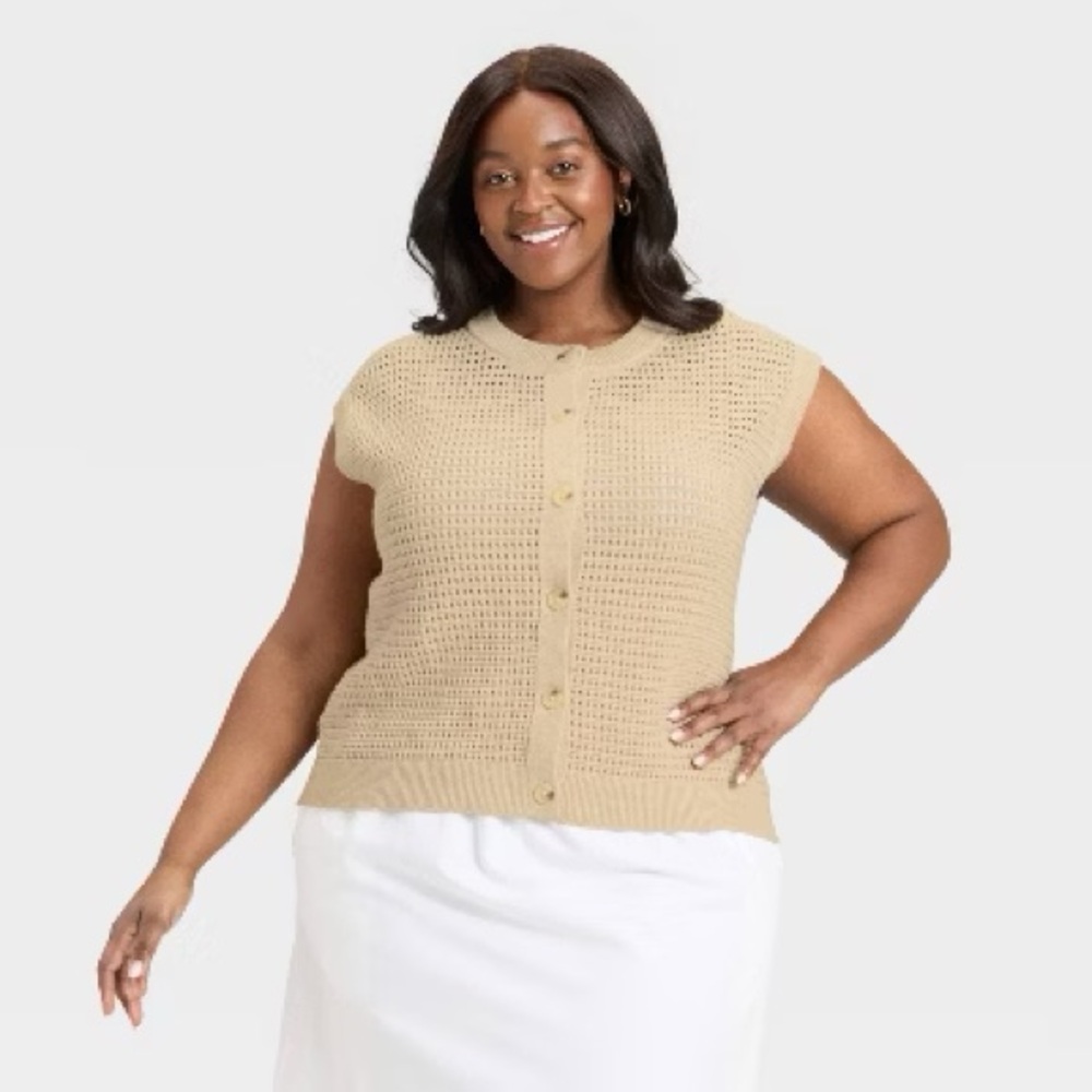 Universal Thread Pointelle Sweater Vest Button Front 4X‎ Tan Cotton NWT